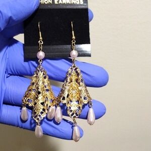 Gold Filigree Design Long Beads Drop Dangle Earrings Women Jewelry #5